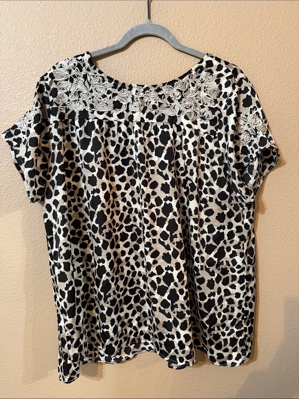 Black and White Embroidered Yoke Animal Print Tunic